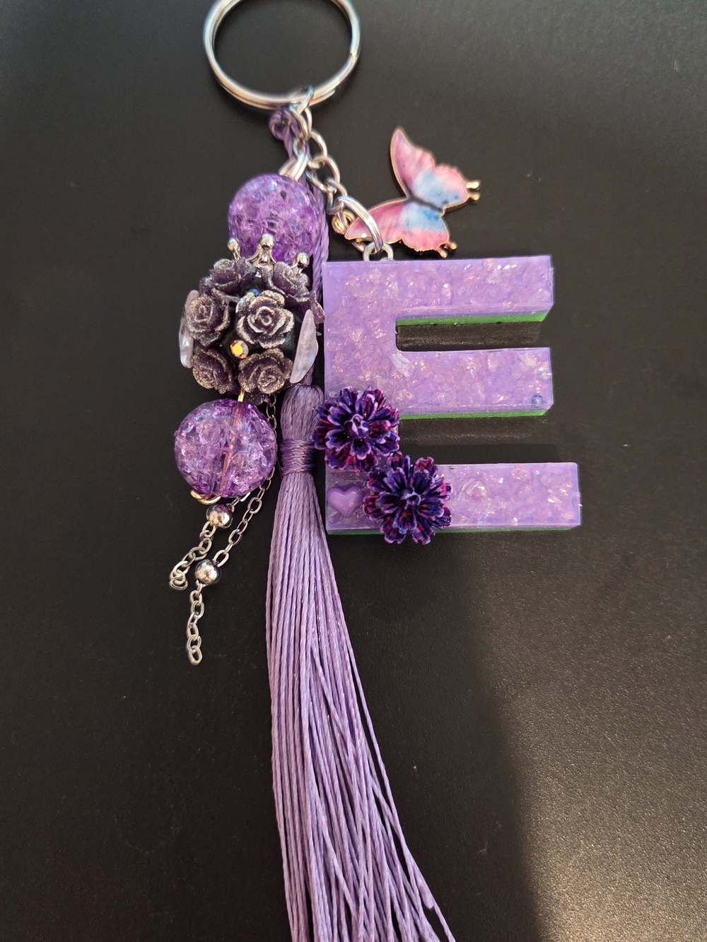Handmade Purple 'E' Tassel Keychain with Sparkle beads and Butterfly Charm